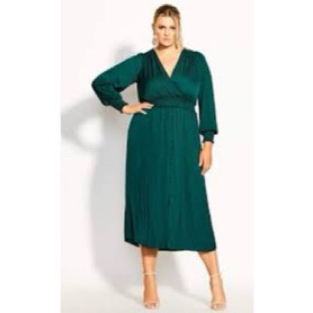 CITY CHIC Shirred Satin Dress in Jade Green Size M/18